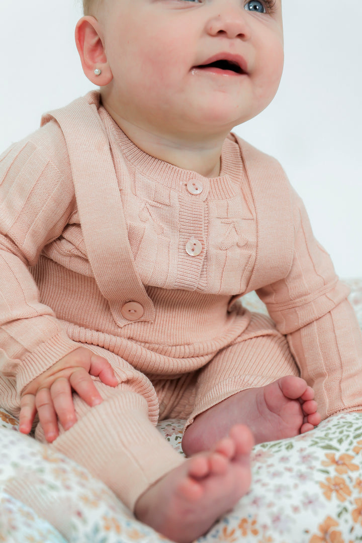 set outfit knit long overalls with cherry cardigan and beanie - pink mix