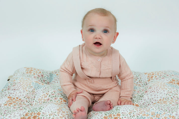 set outfit knit long overalls with cherry cardigan and beanie - pink mix