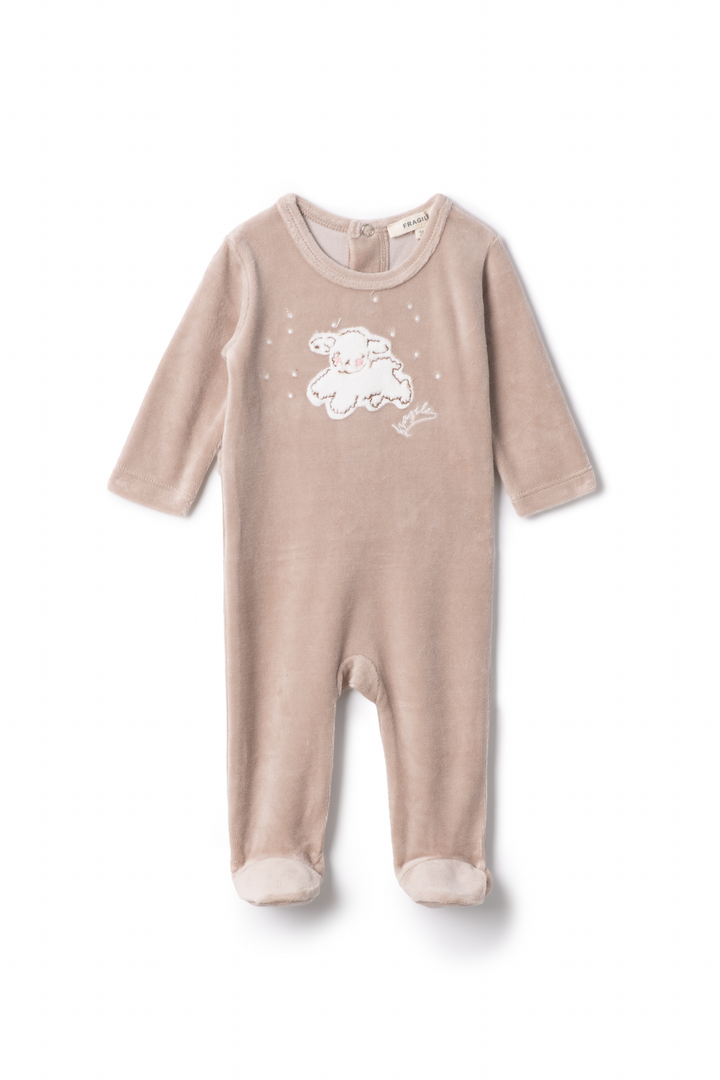 footie velour with baby sheep - beige