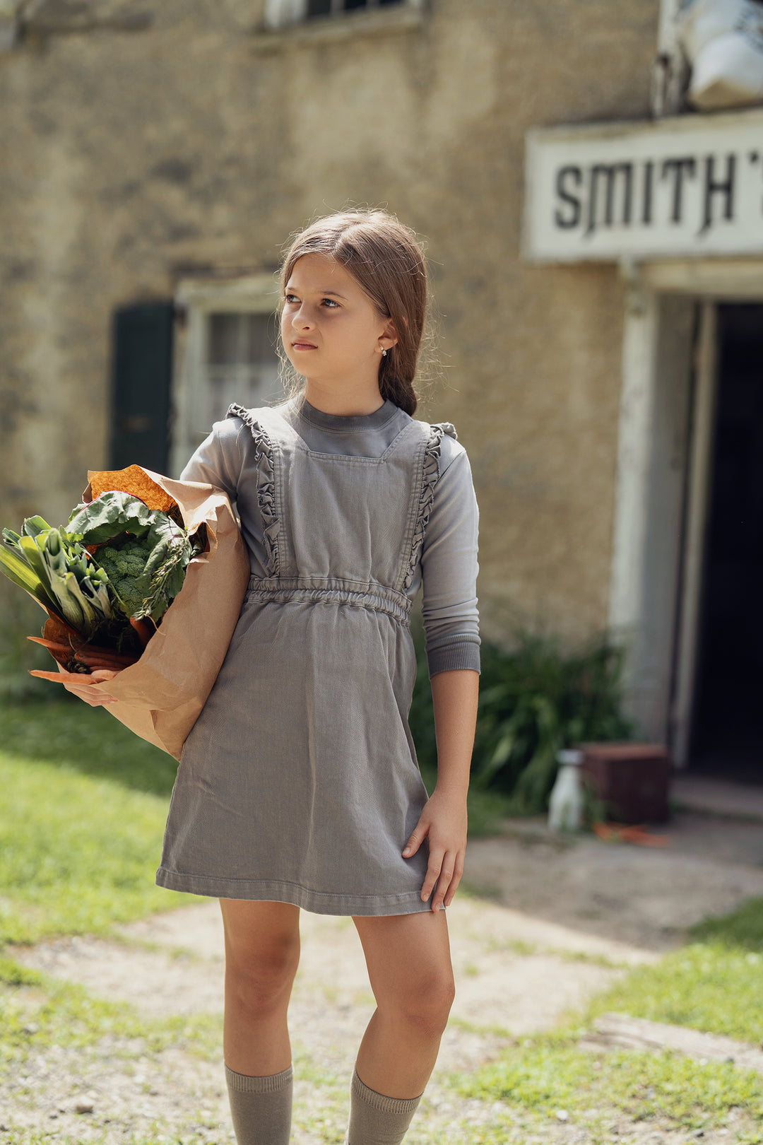 dress denim cross back jumper with ruffle trim - grey