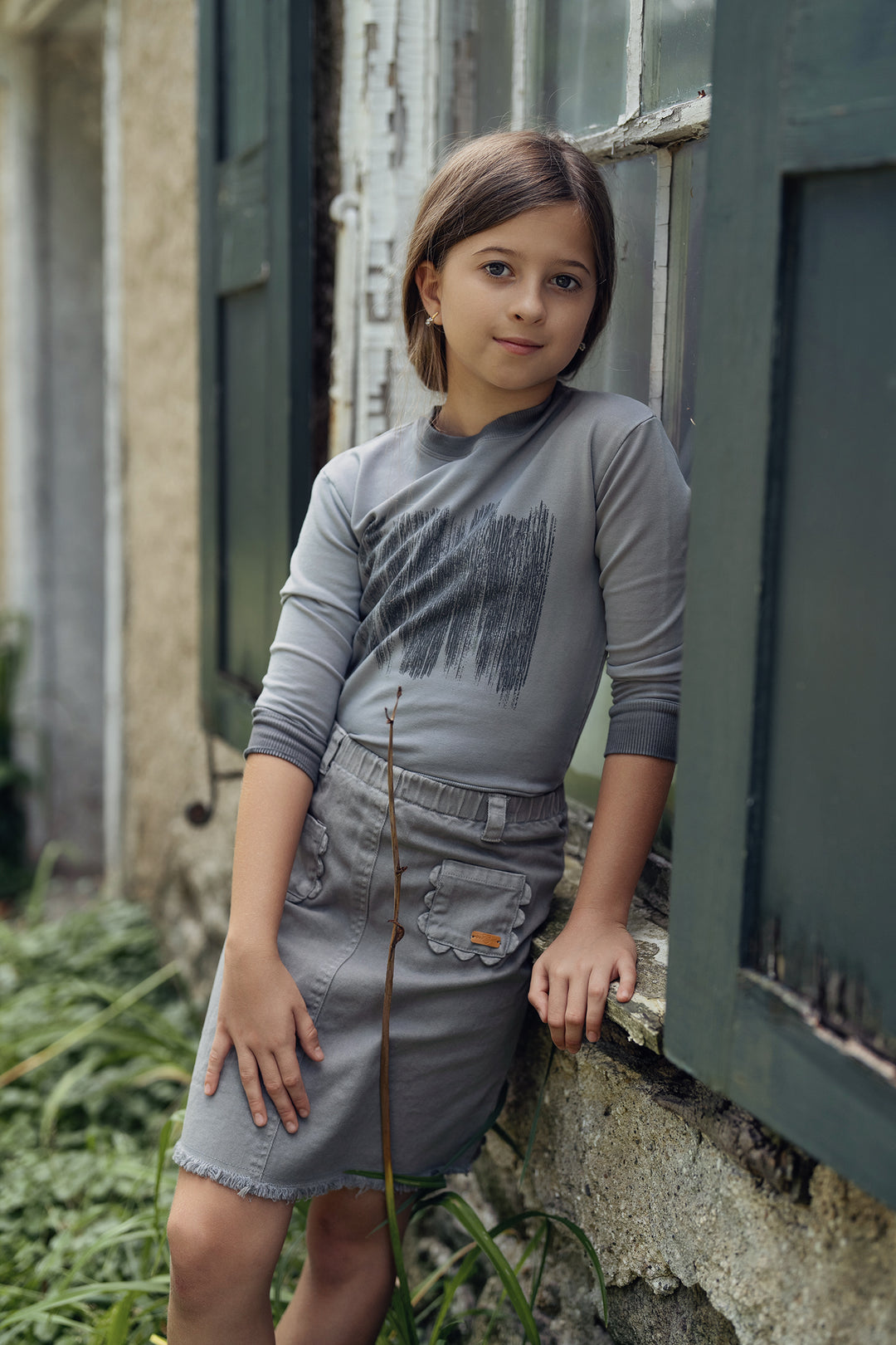 skirt denim scalloped pocket - grey