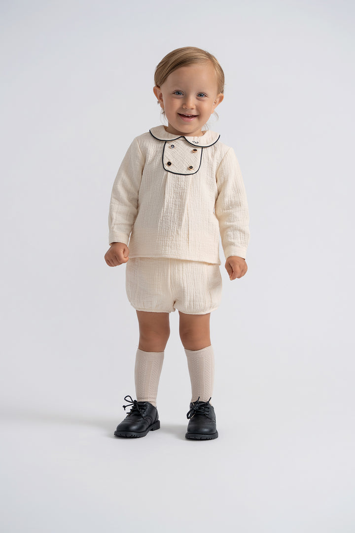 set outfit woven trim shirt and shorts - off white