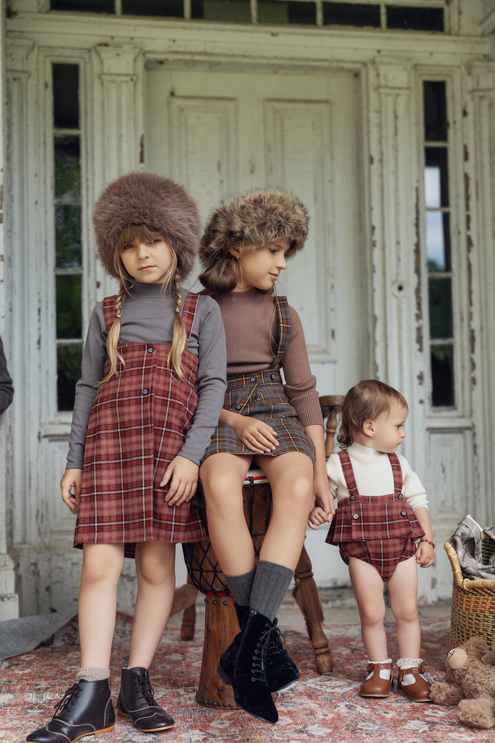 skirt plaid wrap with suspender straps - burgundy