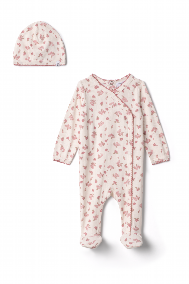 footie pointelle floral print wrap with beanie - pink