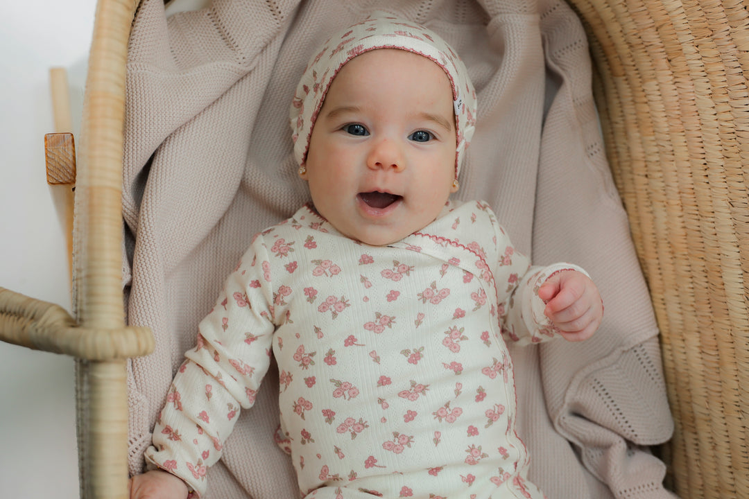 footie pointelle floral print wrap with beanie - pink