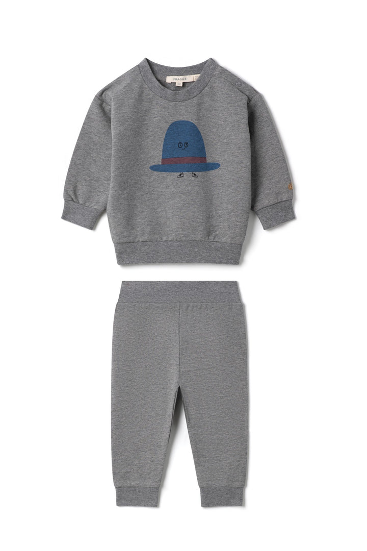 set outfit hat print sweatshirt and pants - medum grey mix/denim