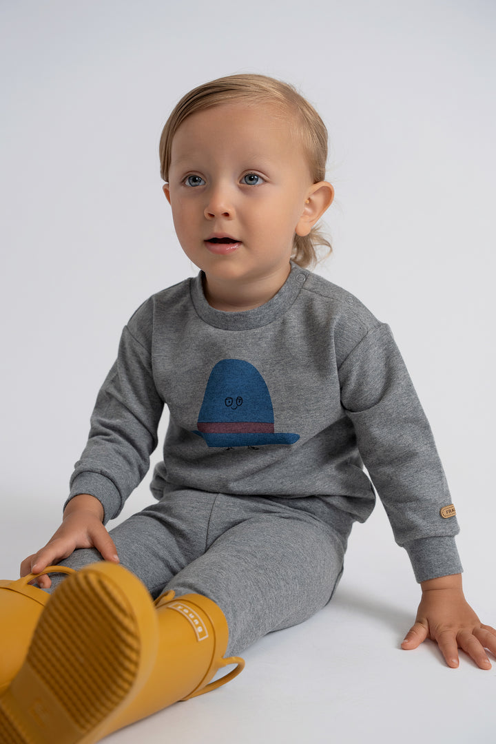 set outfit hat print sweatshirt and pants - medum grey mix/denim