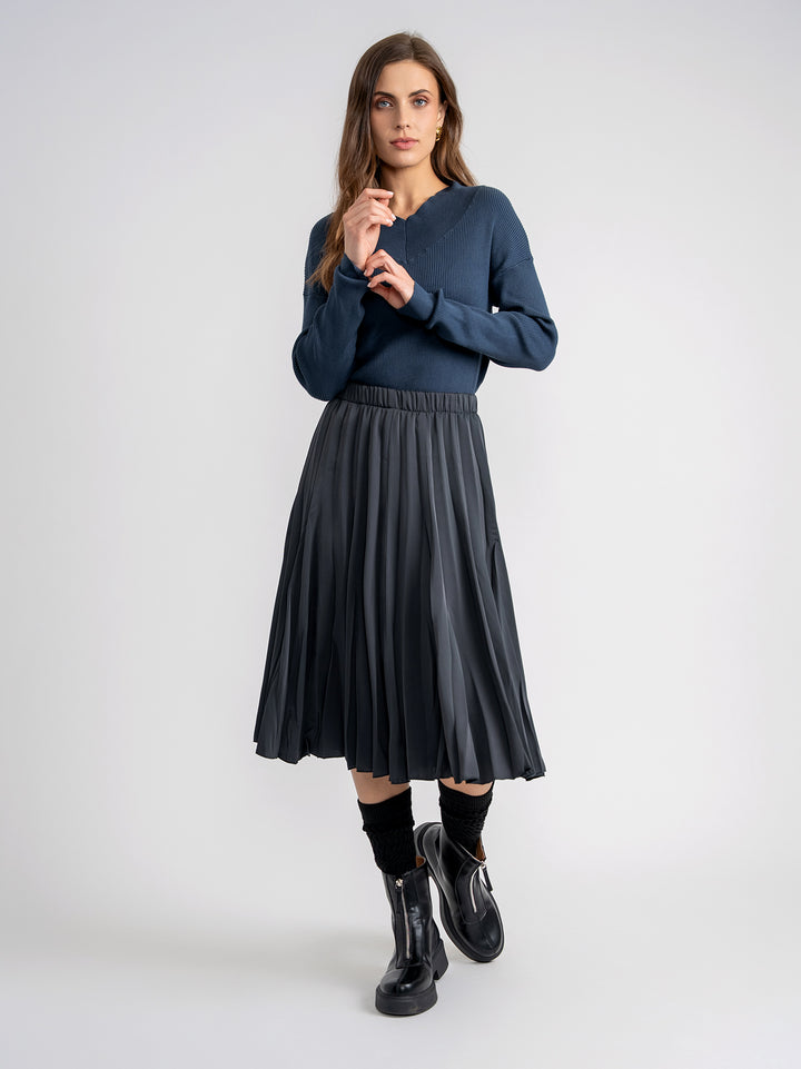 top l/s ribbed v sweater - dark denim