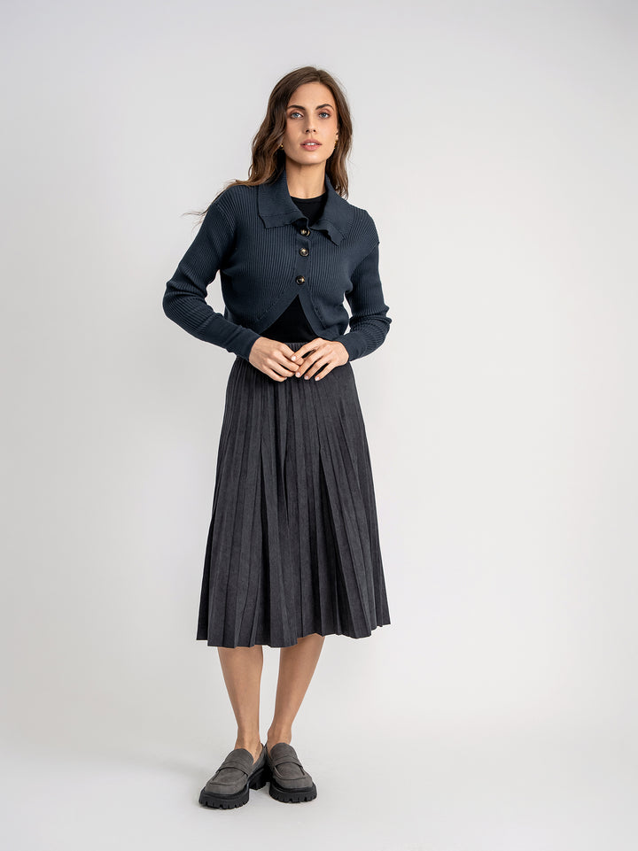 top l/s ribbed knit cropped cardigan with collar - ink