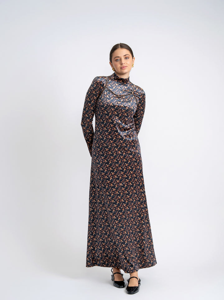 maxi dress printed ribbed velour jumper and mockneck - navy