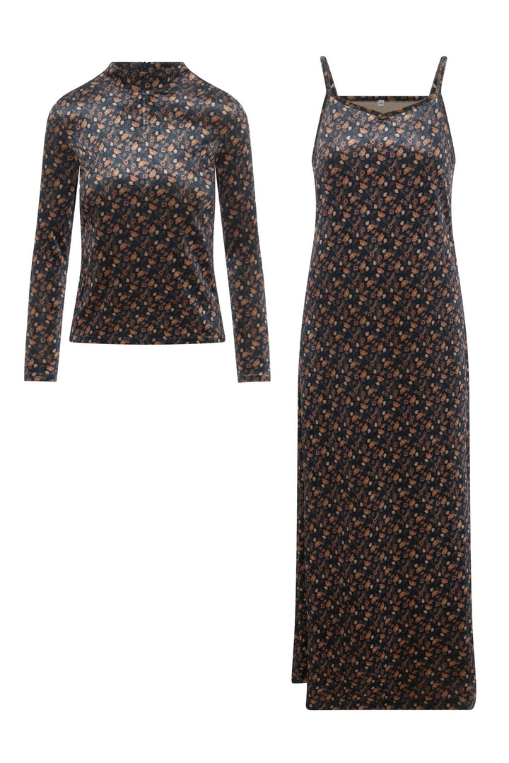 maxi dress printed ribbed velour jumper and mockneck - navy