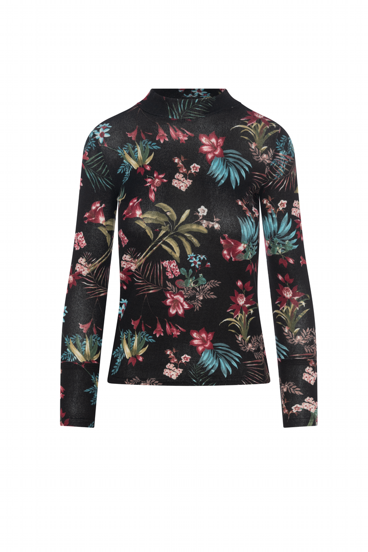top l/s floral printed mockneck - black