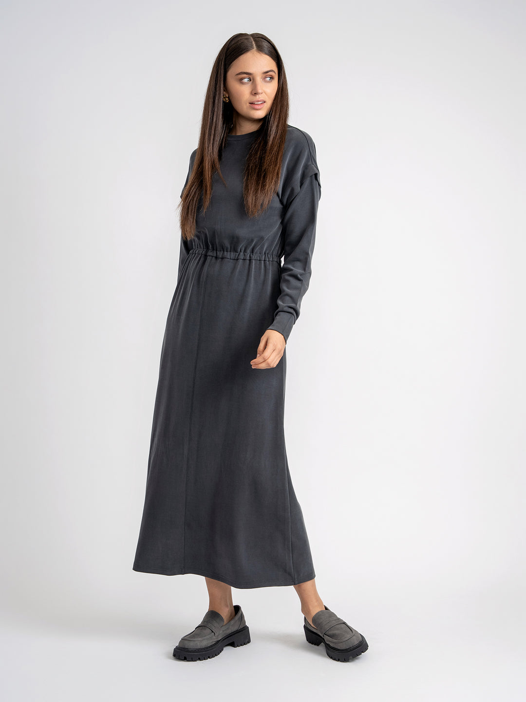 dress midi drop shoulder waisted - charcoal