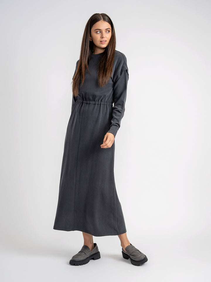 dress midi drop shoulder waisted - charcoal