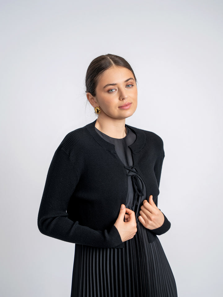 dress floral printed pleated jumper with tie cardigan - black/mauve