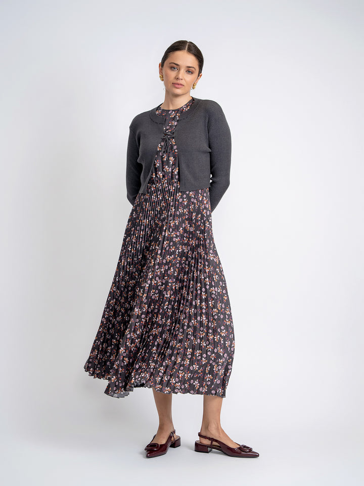 dress floral printed pleated jumper with tie cardigan - black/mauve