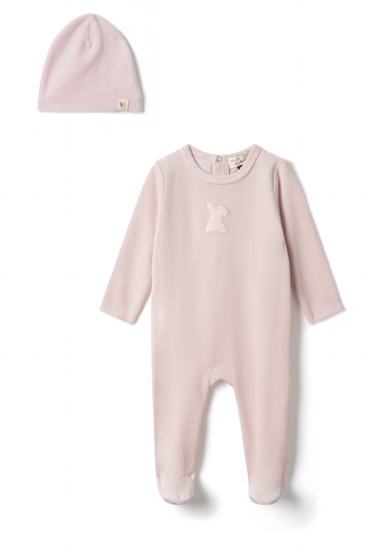footie velour bunnies applique with beanie - primrose