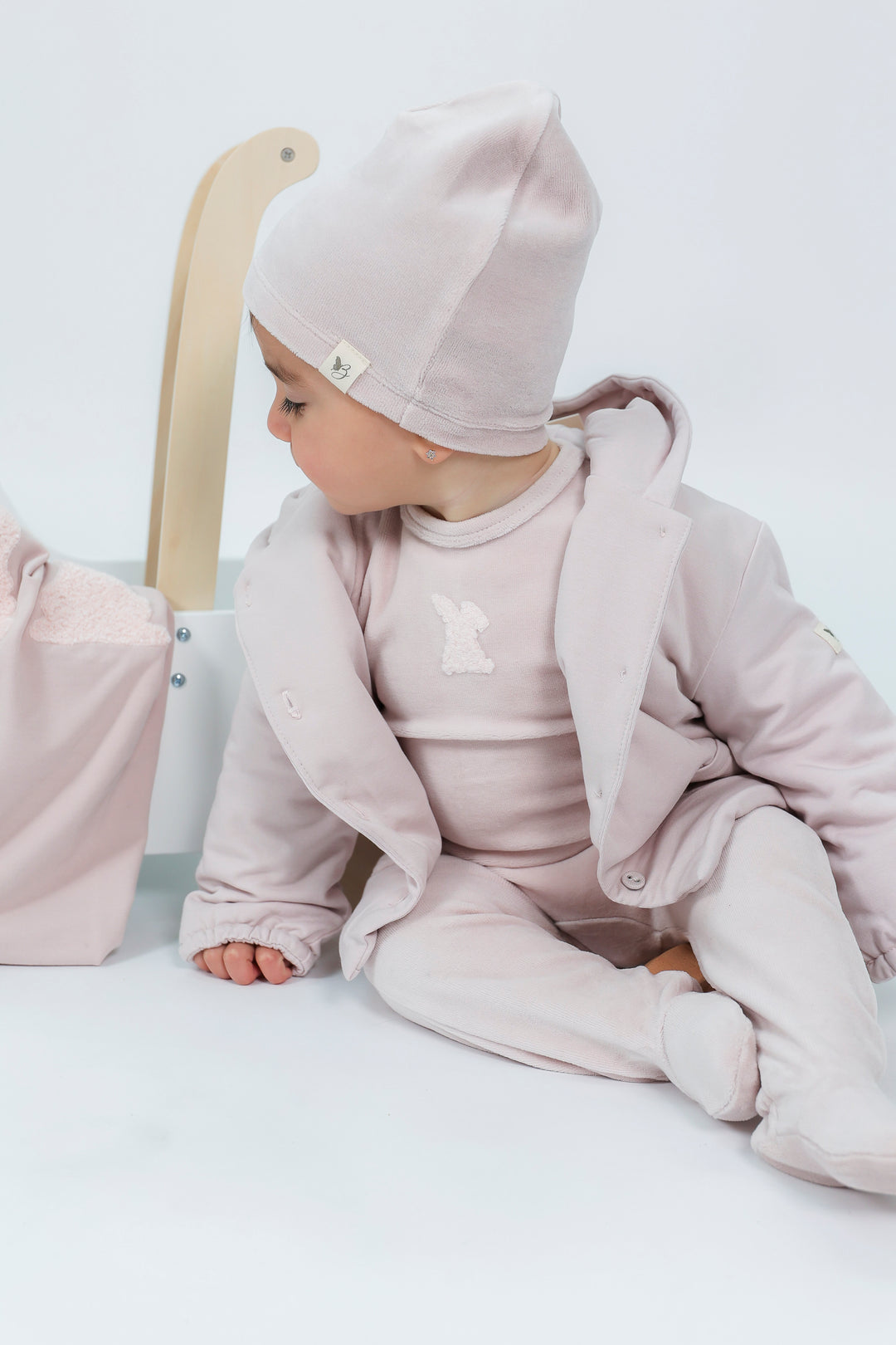 footie velour bunnies applique with beanie - primrose