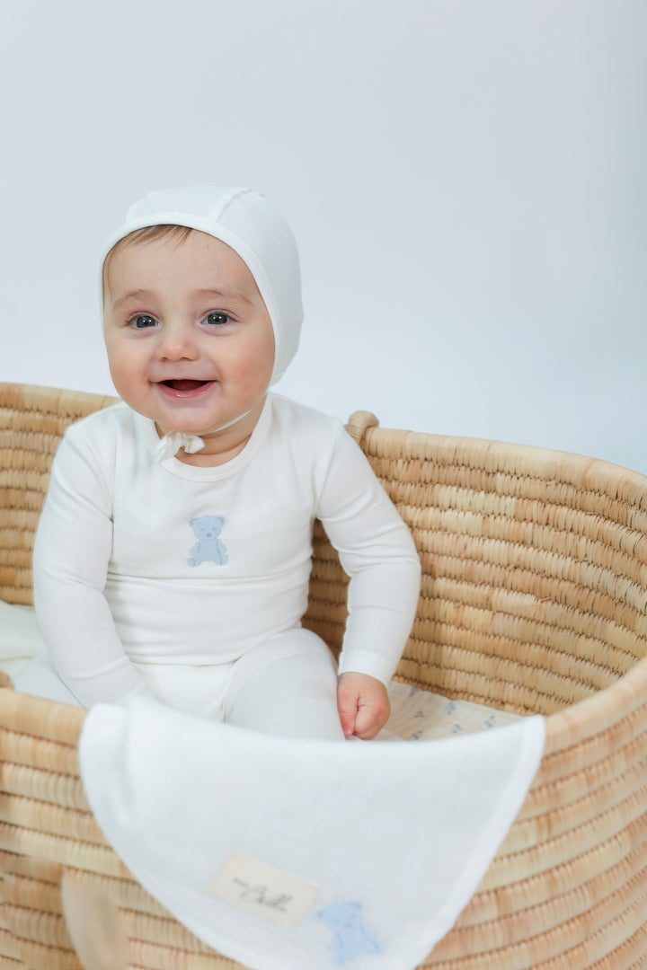 swaddle embroidered teddy gauze and lovey set - white/blue