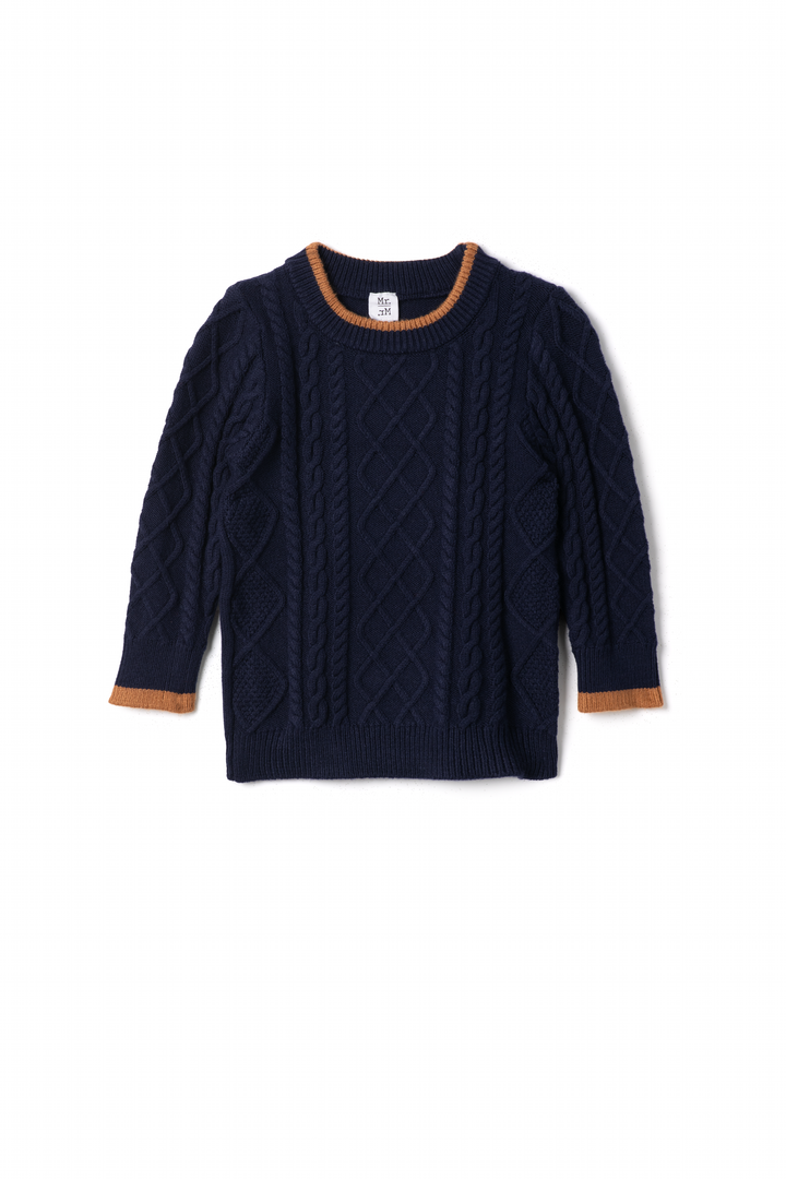 top l/s cable knit color trim sweater - navy