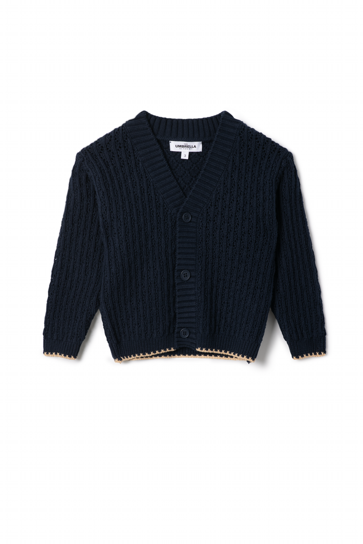top l/s knitted v color trim cardigan - navy
