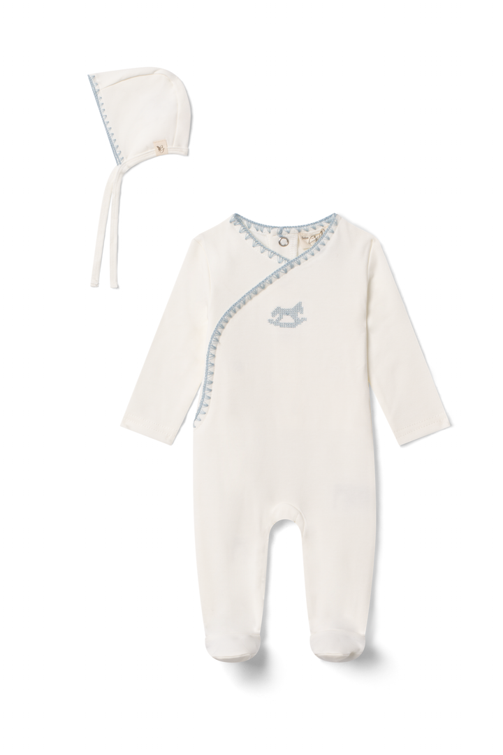 footie embroidered mock wrap with bonnet - cream