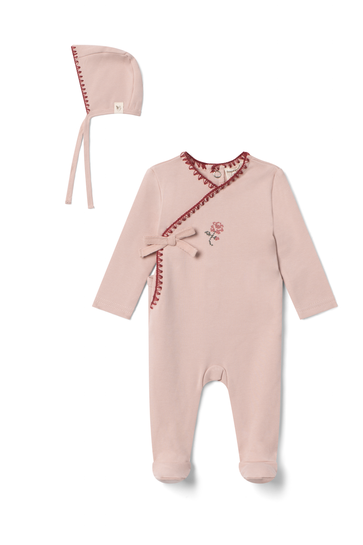 footie embroidered mock wrap with bonnet - pink