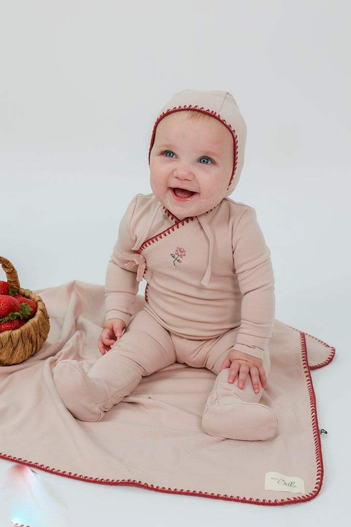 footie embroidered mock wrap with bonnet - pink