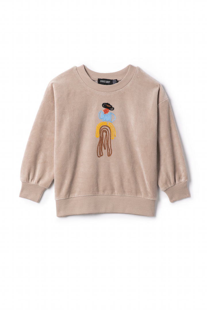 top l/s velour rope embroidered sweatshirt - beige