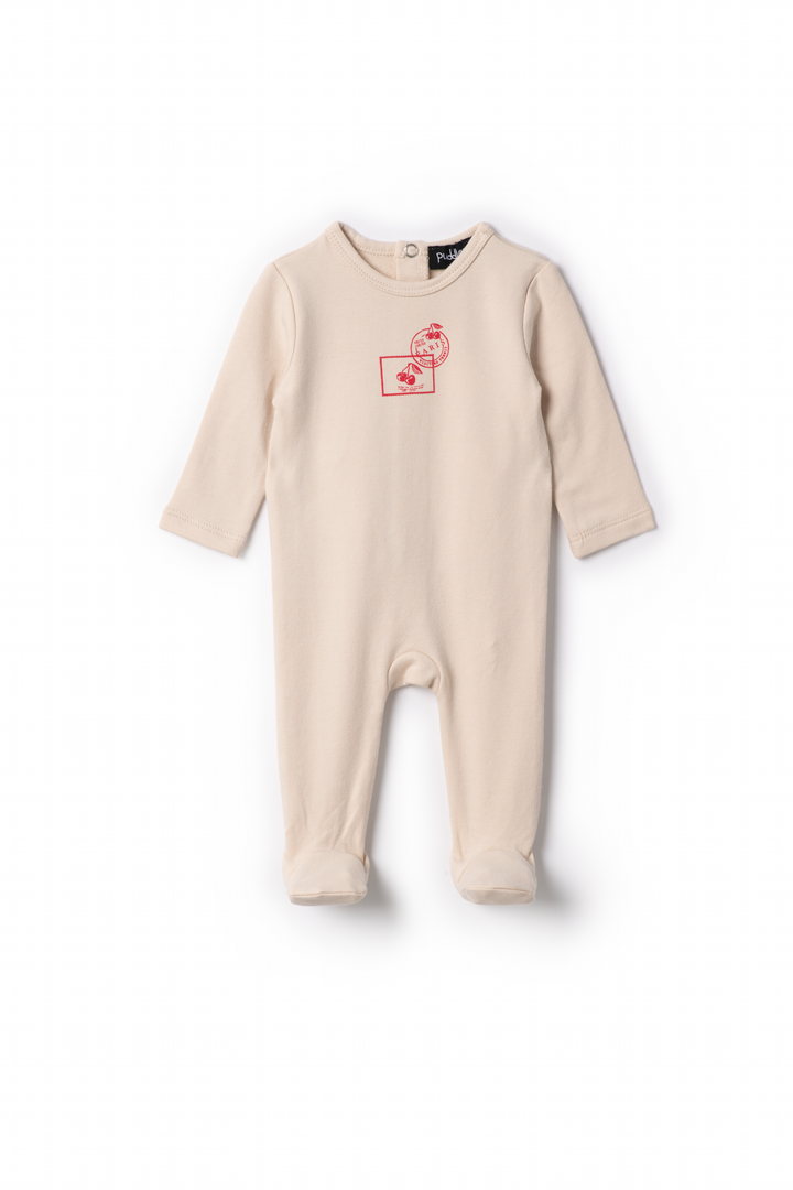 footie stamp print - dark almond/red