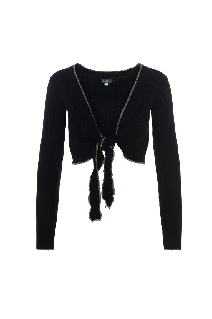 top l/s ribbed tie cardigan - black
