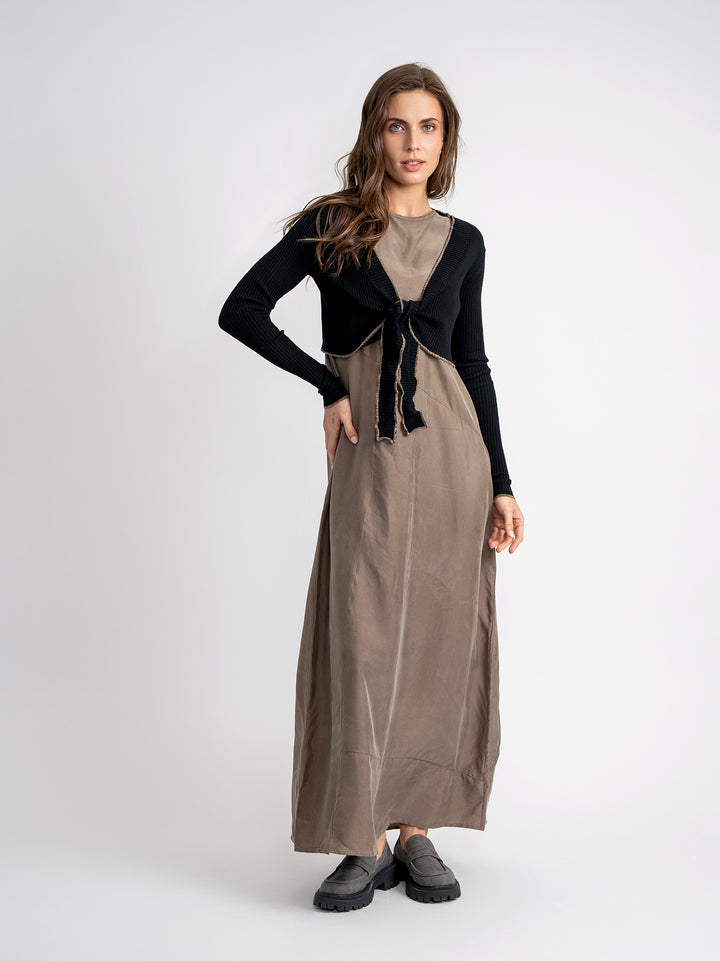 top l/s ribbed tie cardigan - black