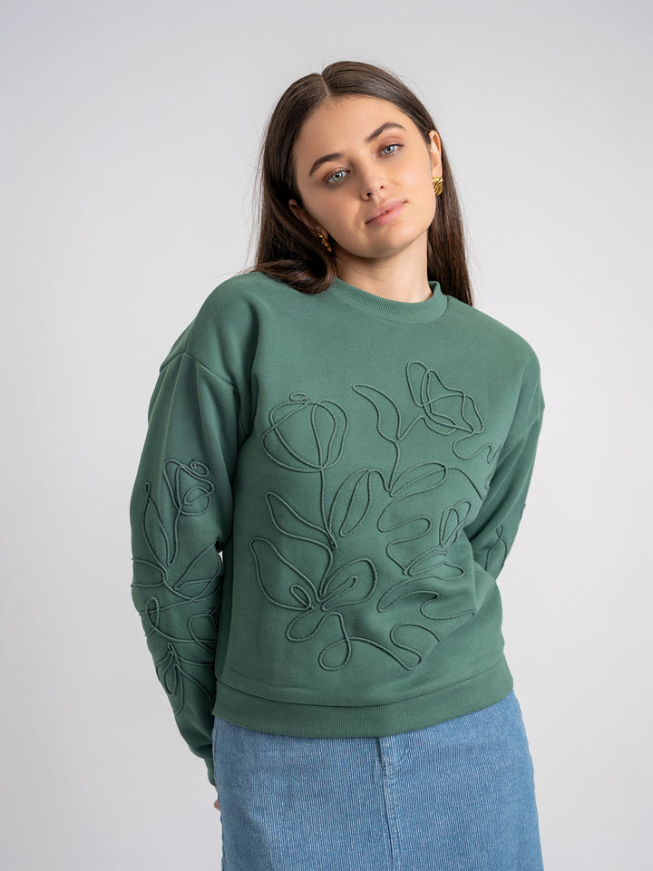 top l/s tone on tone rope embroidered sweatshirt - green
