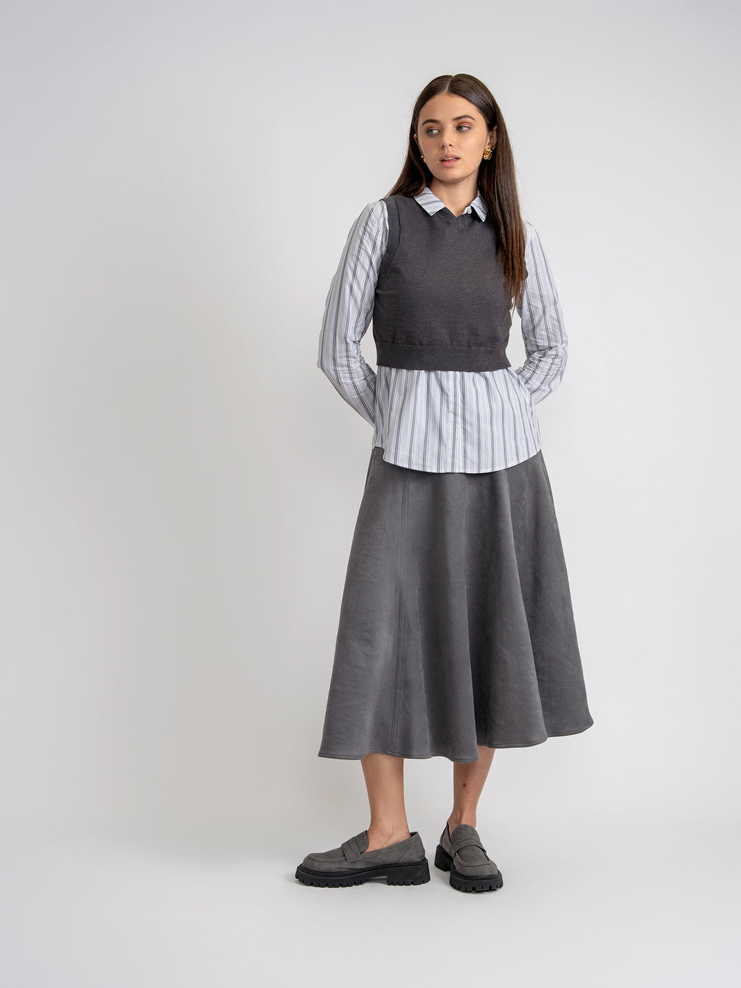 shirt l/s striped with knit vest - medium grey