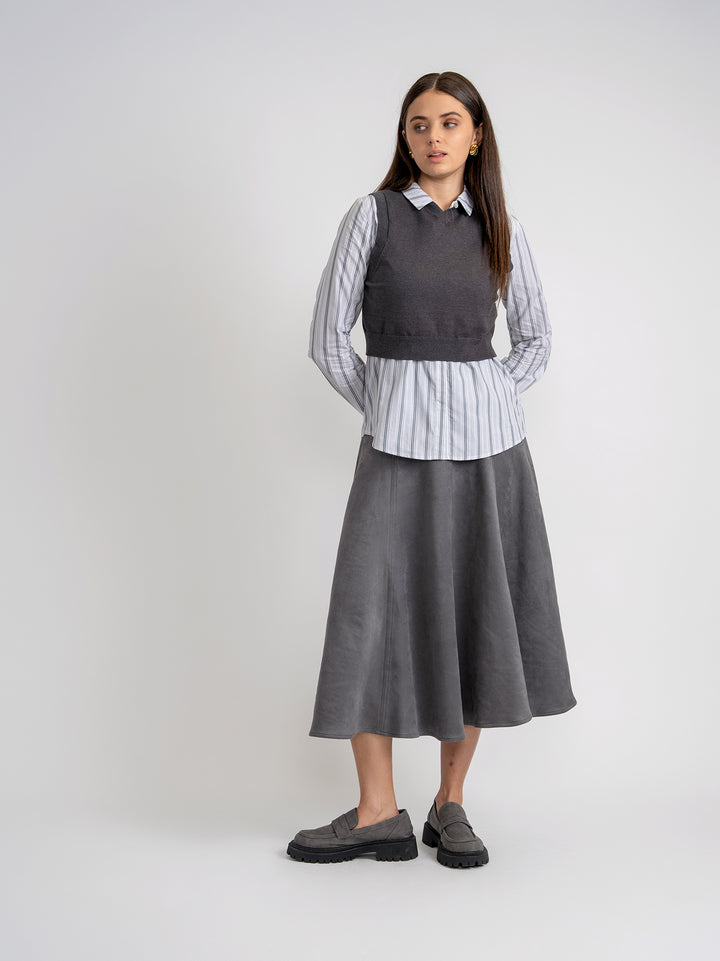 shirt l/s striped with knit vest - medium grey