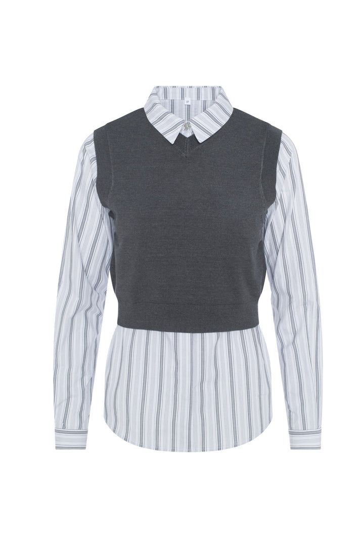 shirt l/s striped with knit vest - medium grey