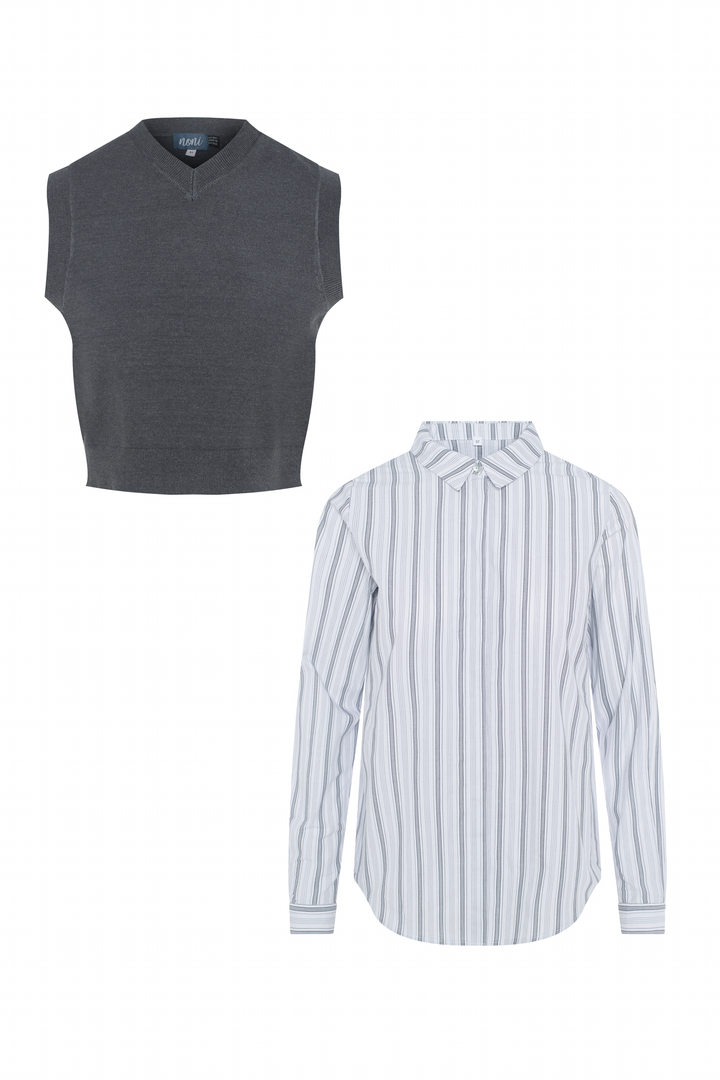 shirt l/s striped with knit vest - medium grey