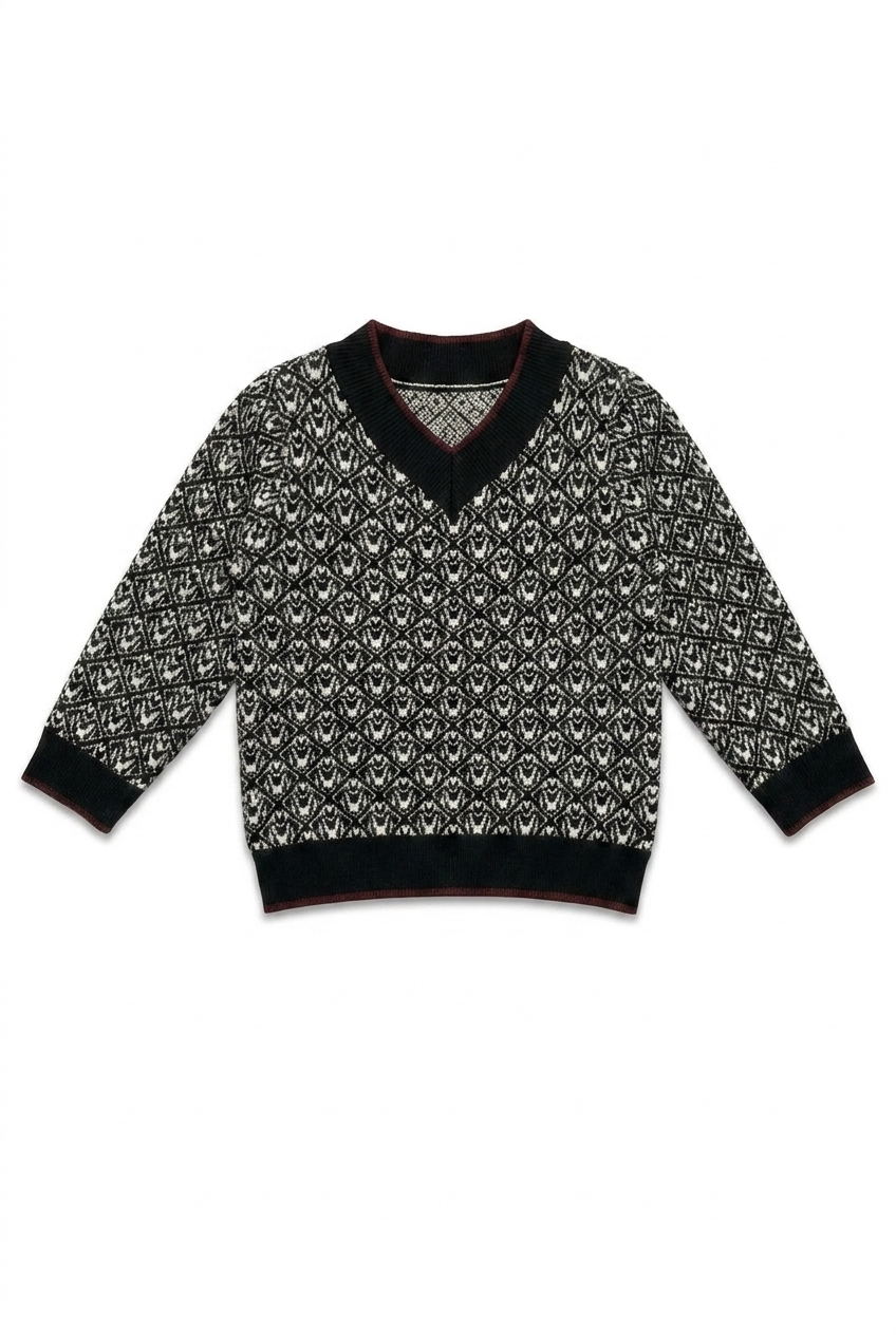 top l/s jacquard knit v neck sweater - black/grey