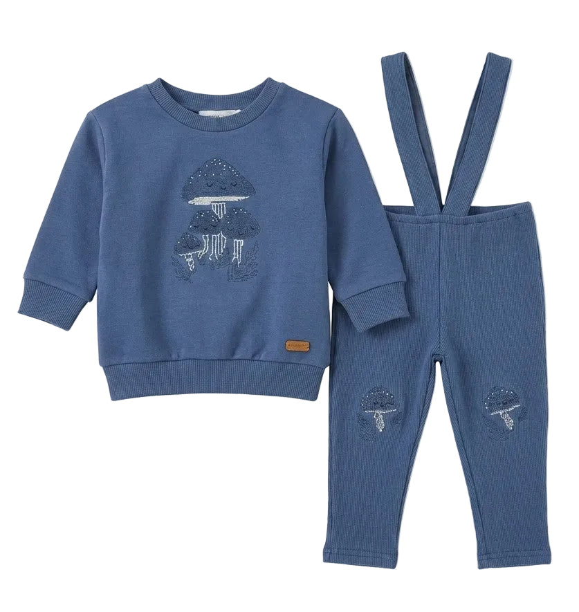 set outfit cross stitch mushroom sweatshirt and suspender pants - denim