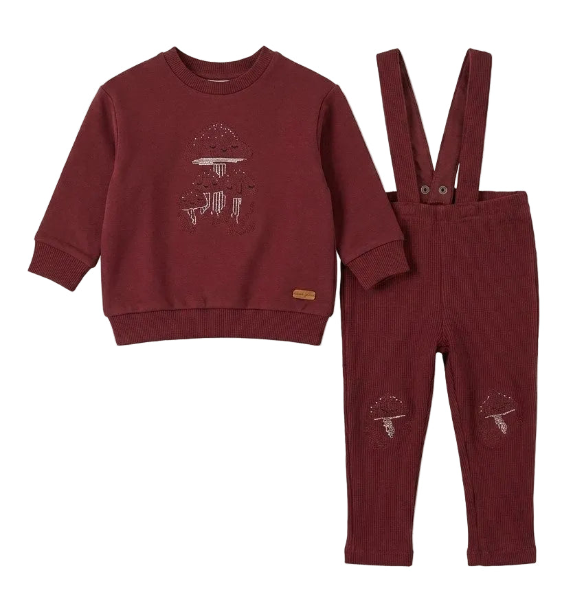 set outfit cross stitch mushroom sweatshirt and suspender pants - wine
