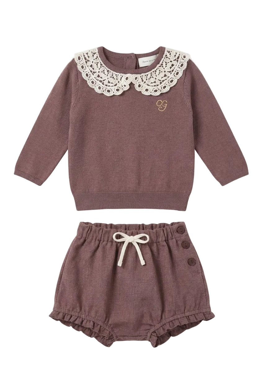 set outfit knit collared sweater and bloomers - wine mix