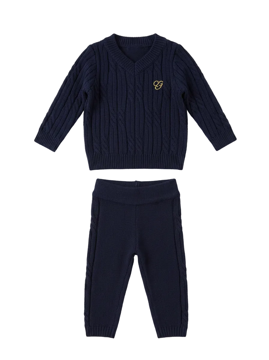 set outfit cable knit logo sweater and leggings - navy