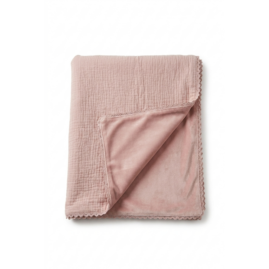 blanket pointelle velvet crochet trim - rose cloud