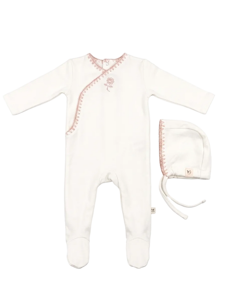 footie cross stitch wrap with bonnet - ivory