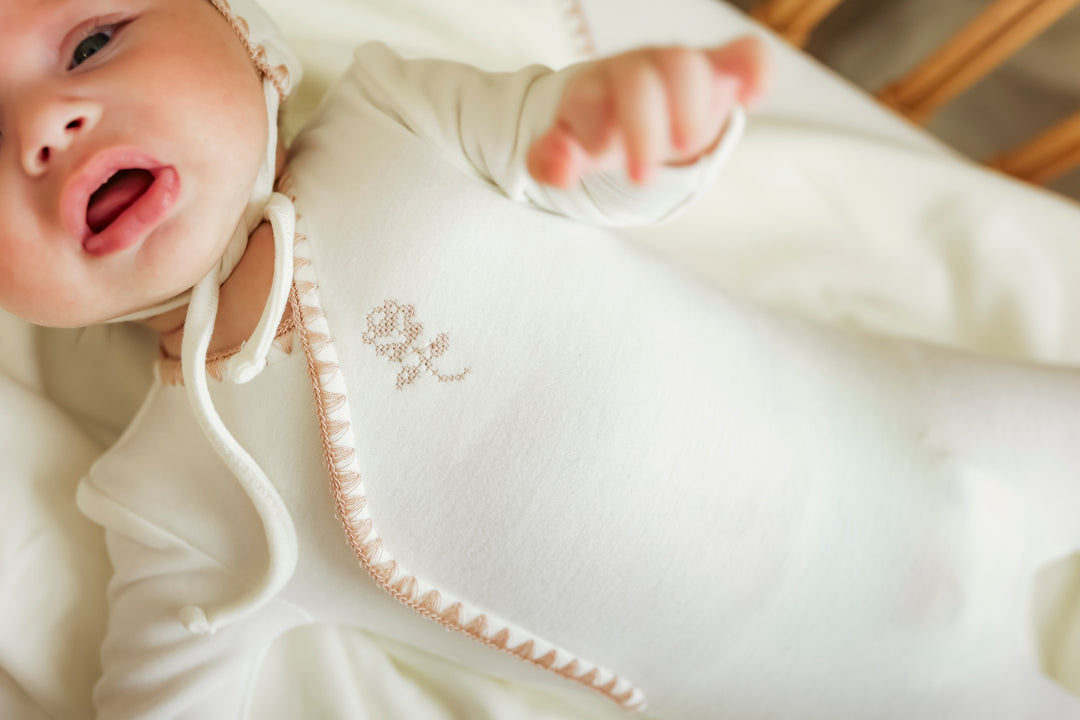 footie cross stitch wrap with bonnet - ivory
