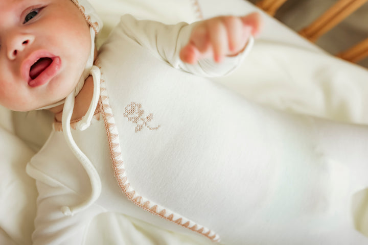 footie cross stitch wrap with bonnet - ivory