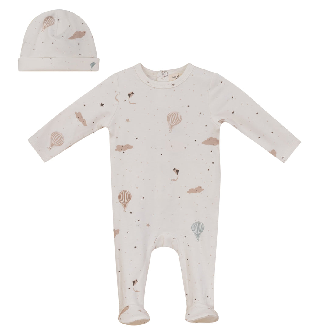 footie all over balloon print with beanie - ivory