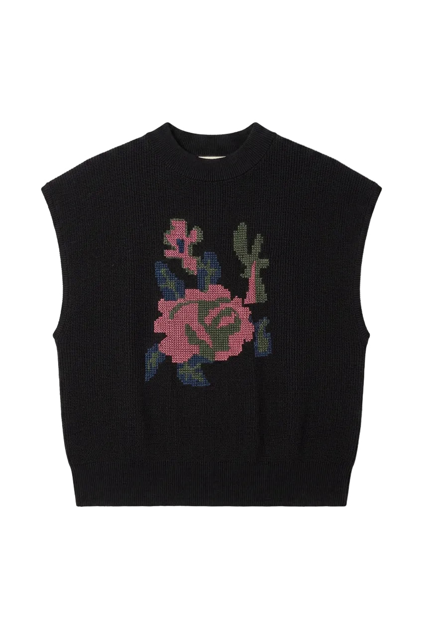 vest knit cross stitch flower - black