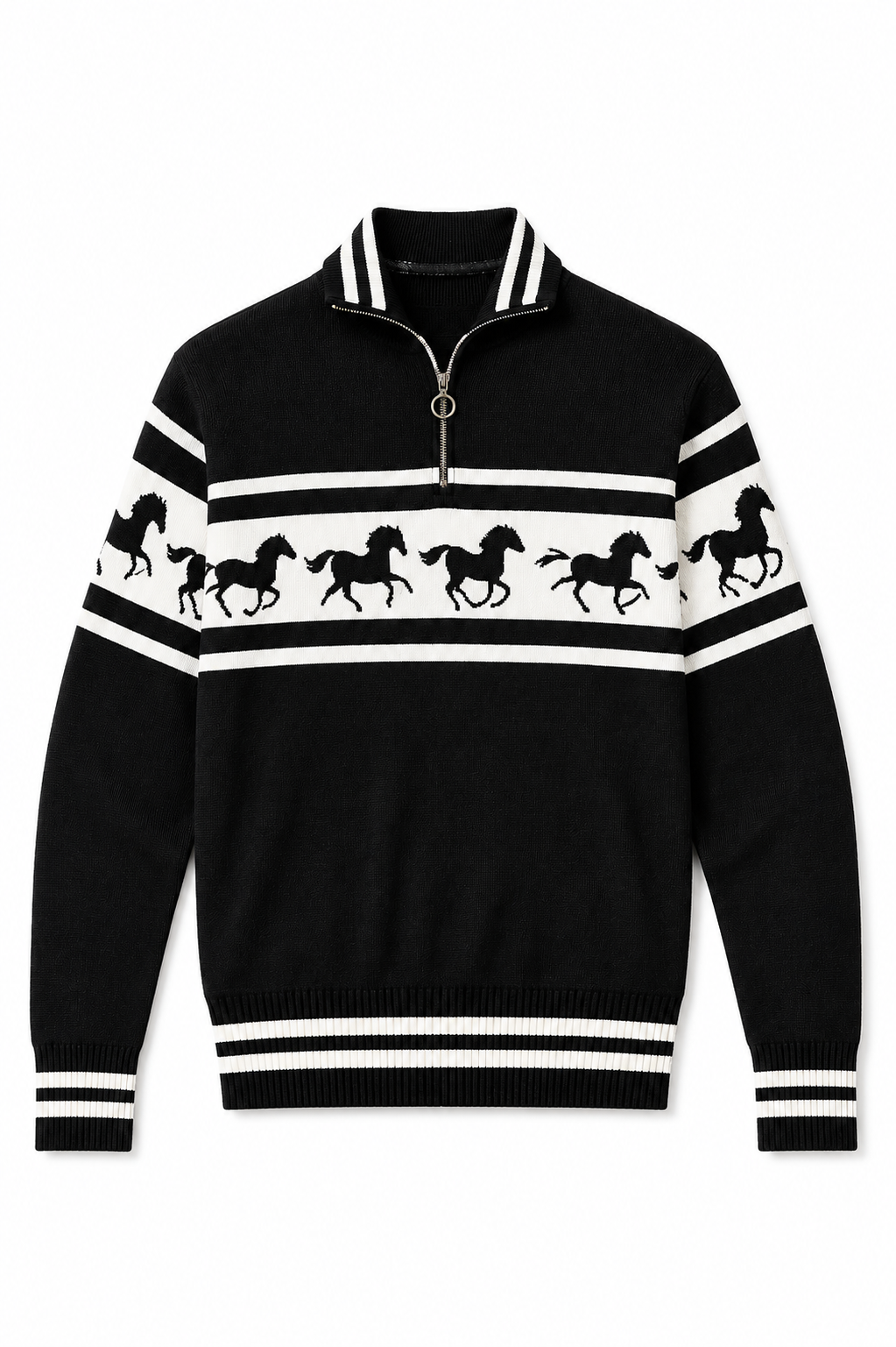 top l/s knit horse stripe quarter zip sweater - black