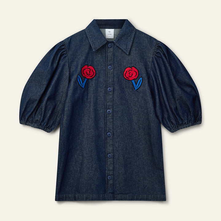 dress denim button down with embroidered dahlia - rinse wash